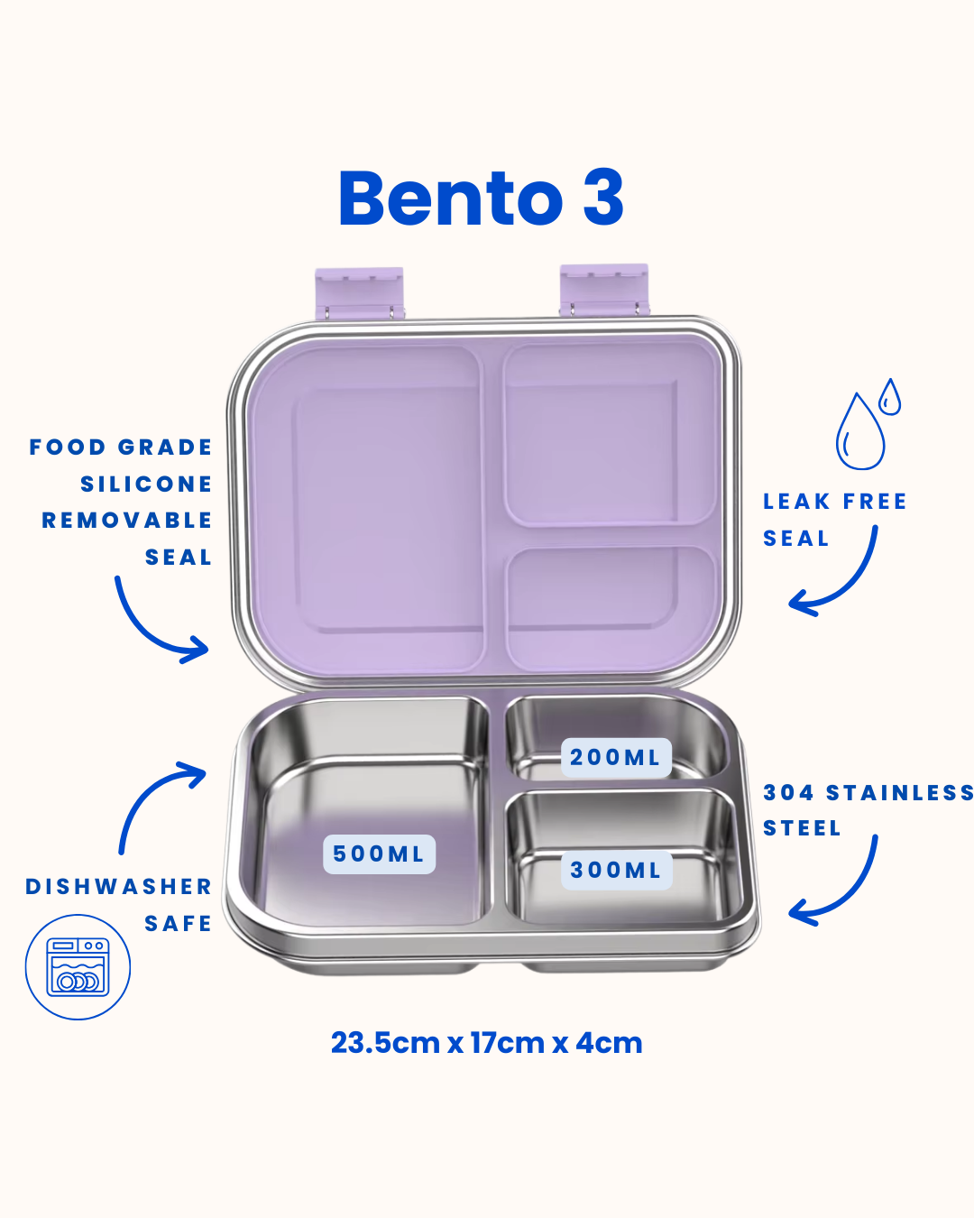 Bento 3 Blueberry Stainless Steel Bento Lunch Box-Kinnder