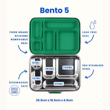 Bento 5 Green Stainless Steel Lunch Box-Kinnder