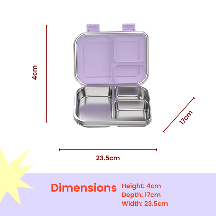 Bento 3 Lilac Stainless Steel Bento Lunch Box and three compartments, dimensions 23.5 cm width, 17 cm depth, 4 cm height
