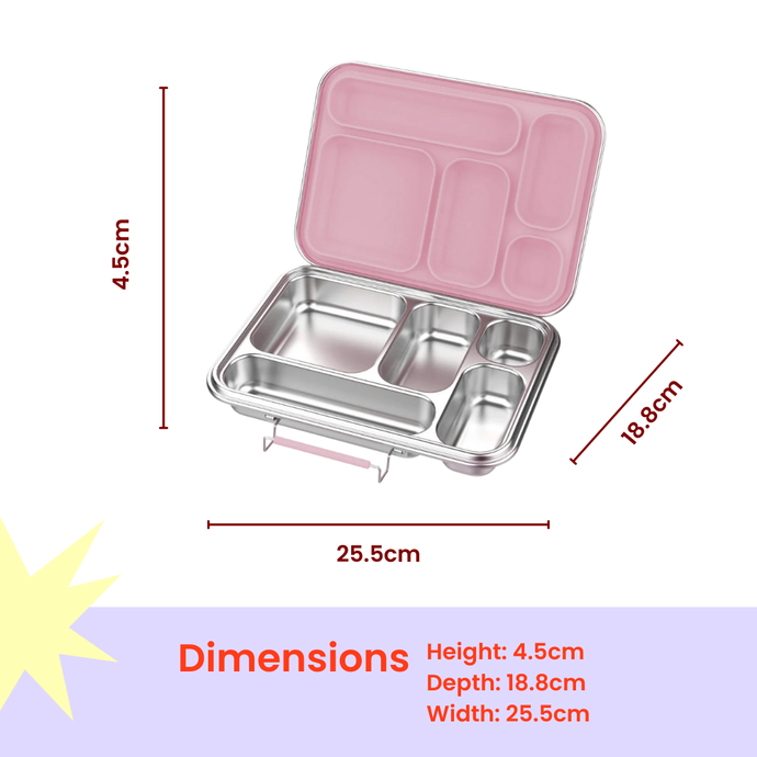 Bento 5 Strawberry Stainless Steel Lunch Box with pink lid and divided compartments, dimensions 25.5 cm width, 18.8 cm depth, 4.5 cm height