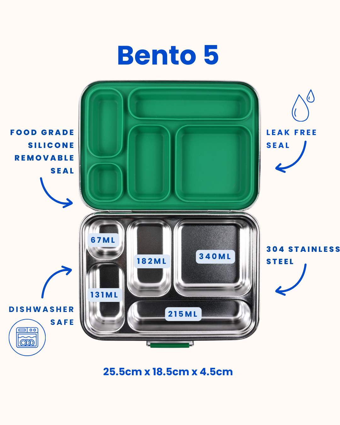 Bento 5 Green Stainless Steel Lunch Box-Kinnder