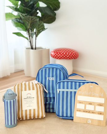 bundle paros mini backpack and lunch bag with paros drink bottle, a mustard stripe sheet and pillow set with first day board