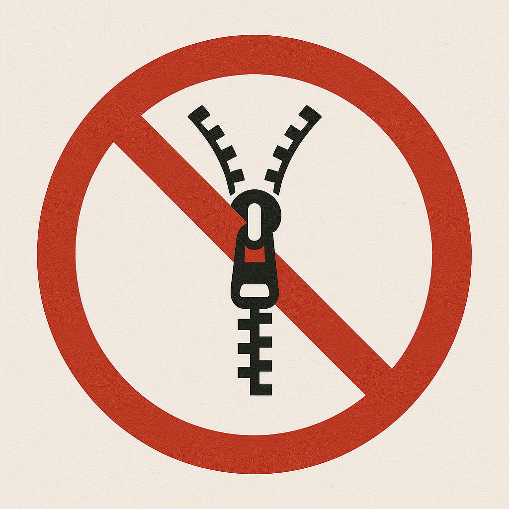 ✘ Leave zippers open – this may lead to pulling or fabric damage