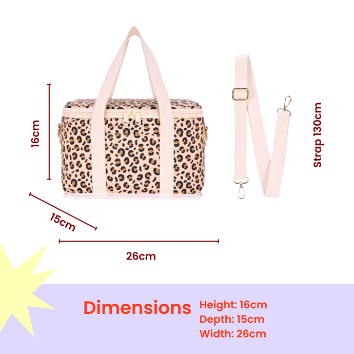 Leopard print insulated cooler bag with top handles and detachable shoulder strap, dimensions 26 cm width, 15 cm depth, 16 cm height