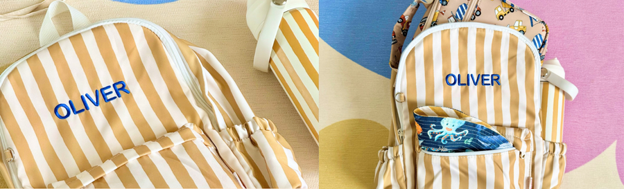 mustard stripe mini backpack with embroidered name Oliver, an ocean friends bucket hat and a construction crew mini lunch bag