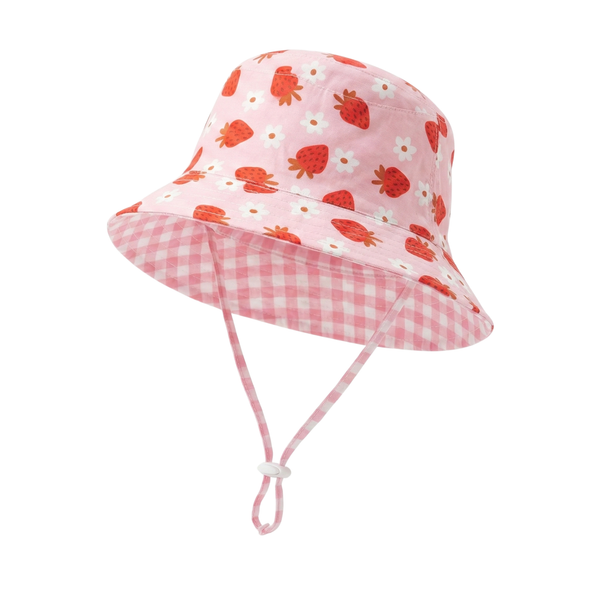 Strawberry Fields/Pink Gingham Reversible Bucket Hat-Kinnder
